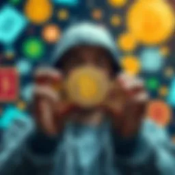 Bitcoin Spending vs Holding A person comparing options to spend or hold Bitcoin, with a background of currency symbols and Bitcoin graphics