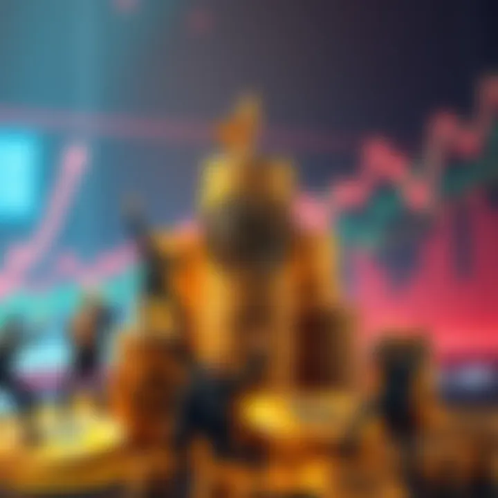 Bitcoin Stacking Concept A group of people excitedly stacking Bitcoin coins, symbolizing investment and anticipation of gains. The background shows a digital chart with upward trends.