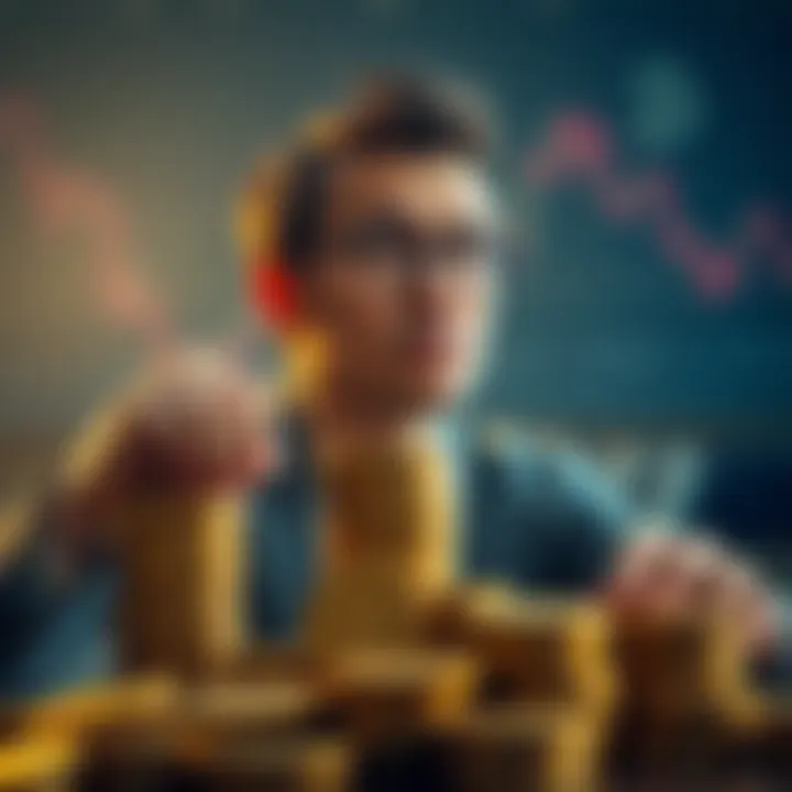 A person stacking Bitcoin coins with a thoughtful expression, representing the current market phase