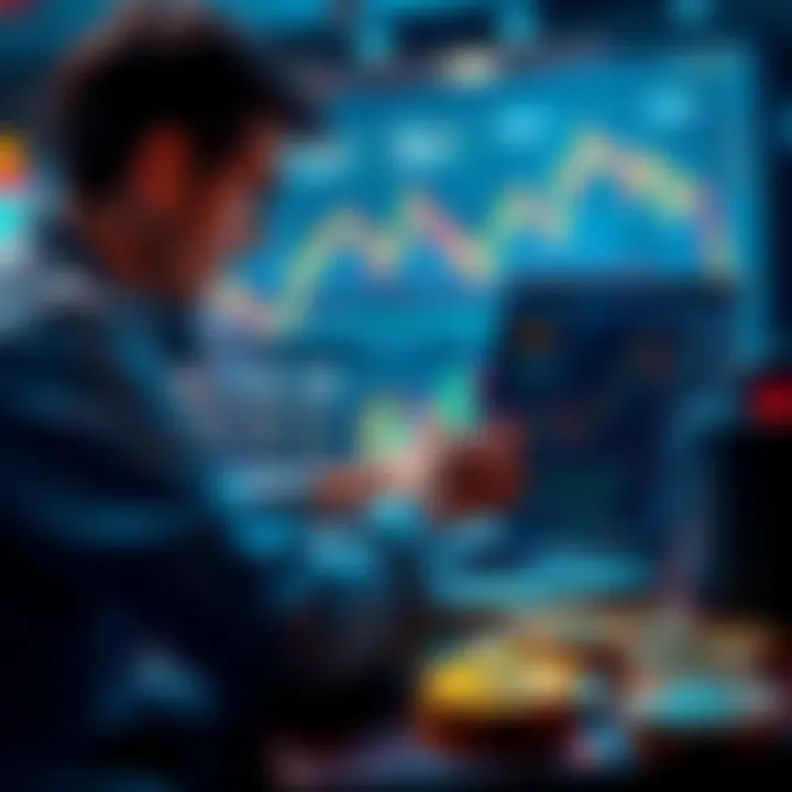Bitcoin Staking Concept A person analyzing Bitcoin staking on a laptop with charts and coins around them