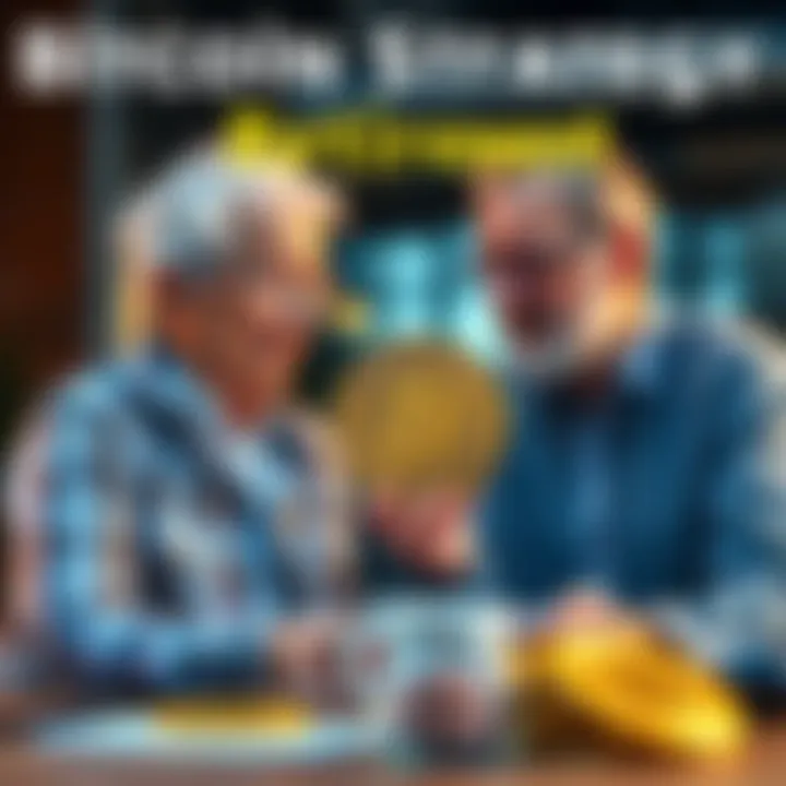 A senior couple discussing Bitcoin investments with a financial advisor, focused on managing retirement savings