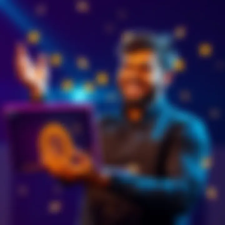 Person celebrating Bitcoin success Individual smiling while holding a laptop with Bitcoin graphics on screen, celebrating their achievement of owning 1.3 BTC through staking and purchases.