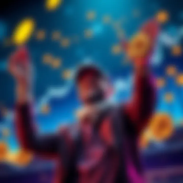 An investor celebrating a dramatic increase in Bitcoin value, with a graph showing rising profits and Bitcoin coins in the background.