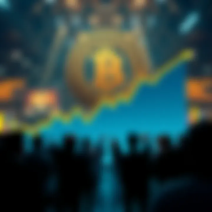 A graph showing the rise in Bitcoin support with people discussing opinions in the background