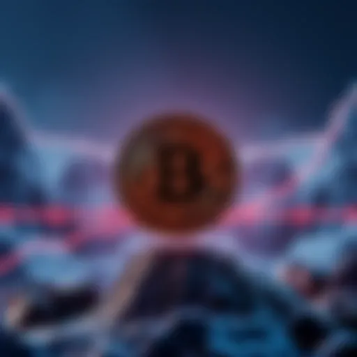 Bitcoin logo hovering over a fragile support line, with rising geopolitical tension symbols in the background