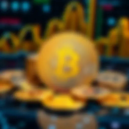 A collection of Bitcoin coins next to the Bitcoin symbol on a digital background, representing the future of cryptocurrency.