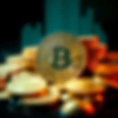 A cluster of golden Bitcoin coins with the Bitcoin symbol prominent in the center, showing its value in the financial market