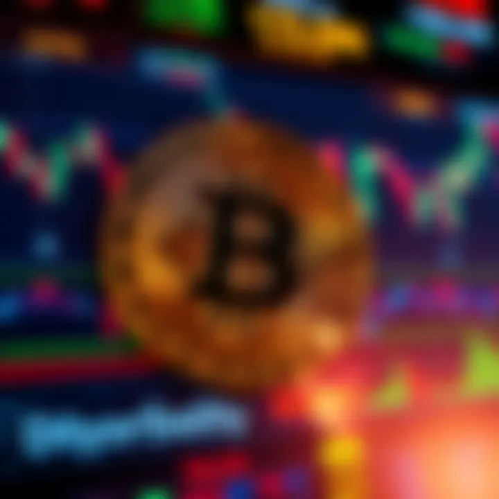 A close-up of the Bitcoin symbol on a digital screen displaying cryptocurrency graphs and trends.
