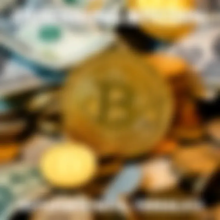 A Bitcoin symbol in front of a pile of coins and dollar bills, representing its financial importance