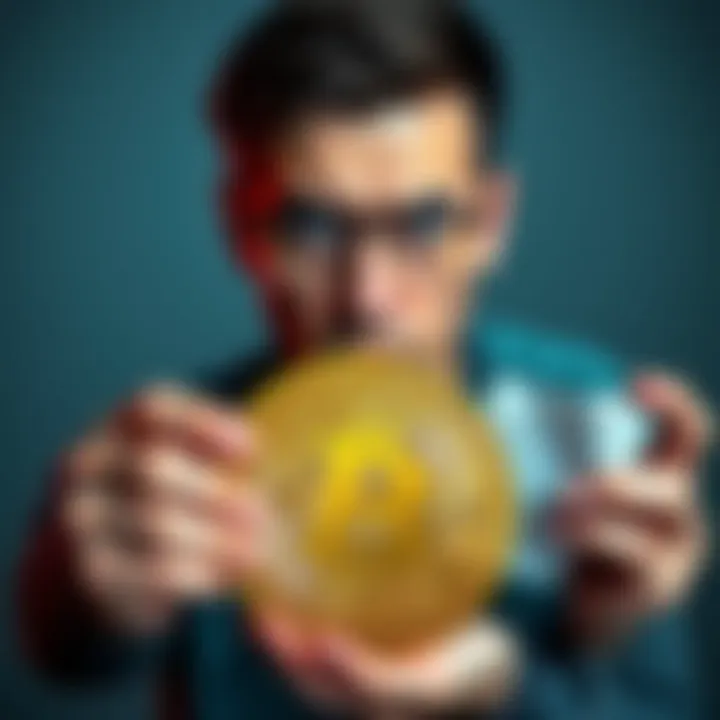 A person looking worried while holding a Bitcoin symbol and a tax bill, reflecting concerns about inheritance taxes.