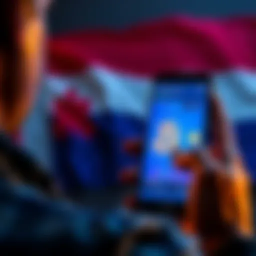 A worried Bitcoin holder looks at their smartphone displaying a falling Bitcoin price with a backdrop of the Netherlands flag.