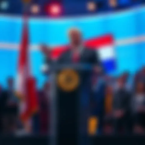A government official stands in front of a podium with the Dutch flag, announcing the new Bitcoin tax policy, while people listen attentively.