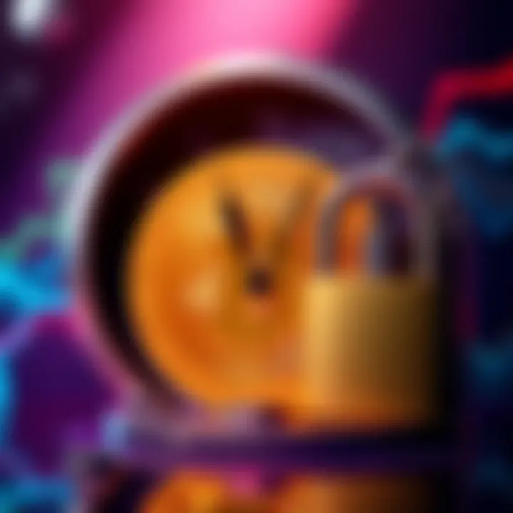 An illustration showing a Bitcoin coin with a clock and a padlock, symbolizing time locking for security and accessibility concerns