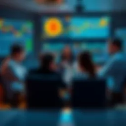 Bitcoin Tips for Newcomers A group of experienced Bitcoin traders sharing advice with newcomers at a table, laptops open, and Bitcoin charts on screens.