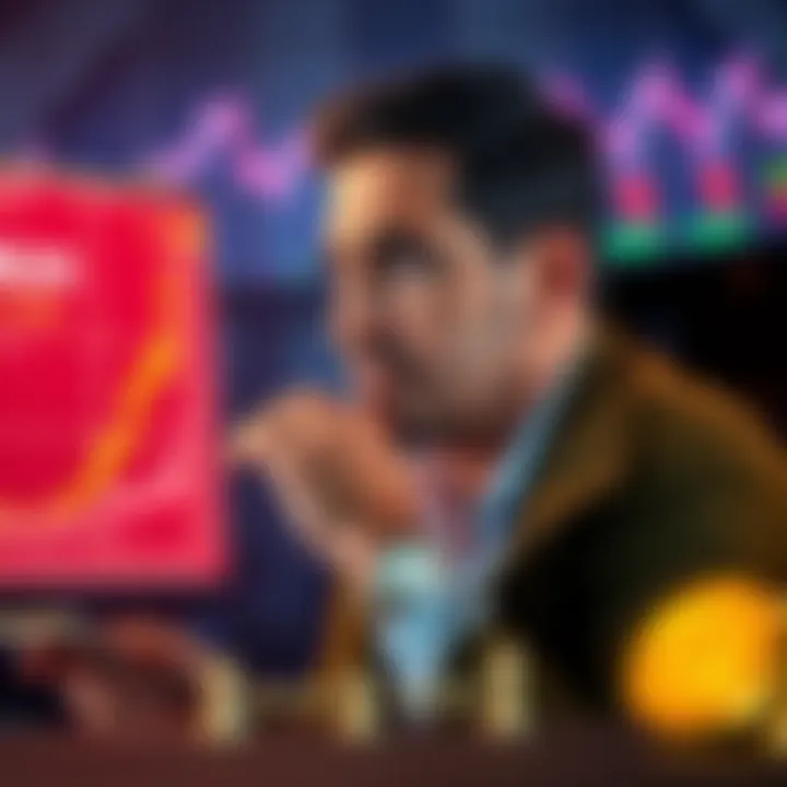 Bitcoin Trader with Regret A concerned bitcoin trader reflecting on his recent panic selling, looking at a graph showing Bitcoin prices rising, with a hopeful expression.