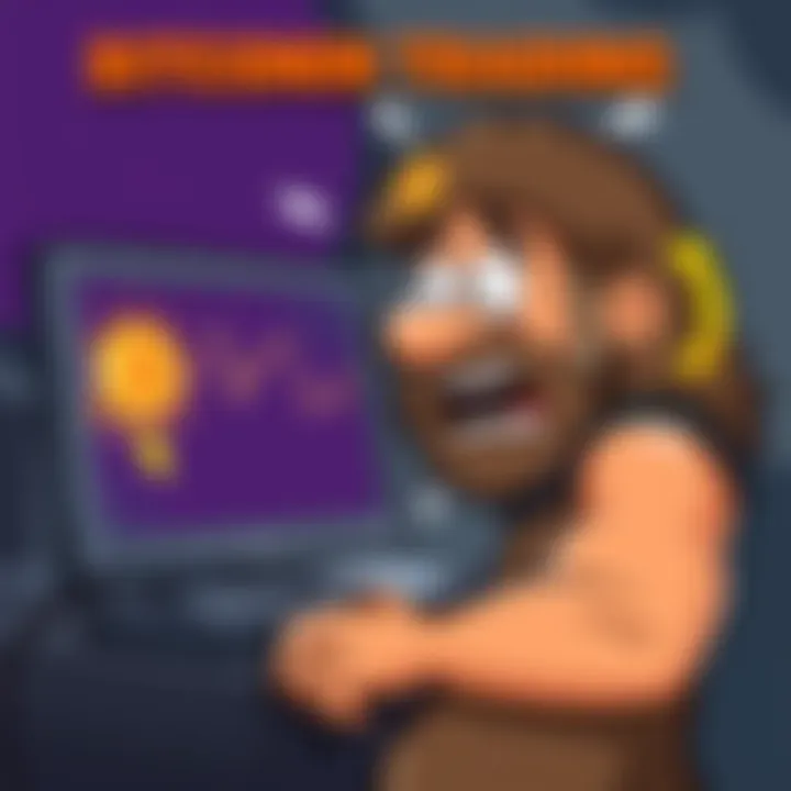 A cartoon caveman holding a computer monitor displaying Bitcoin prices, showing surprise and confusion during market swings, with playful graphics of arrows pointing up and down, and exaggerated facia...