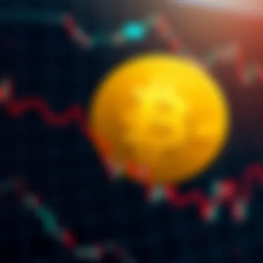 Graph showing decline of Bitcoin trading with a downward trend line and a faded Bitcoin logo in the background.