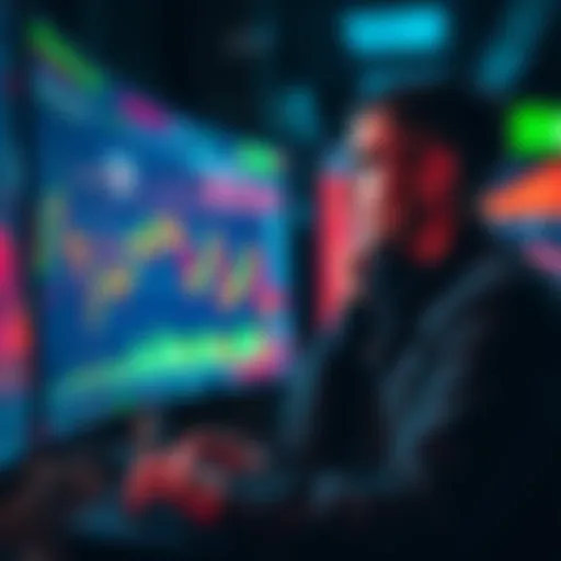 A trader analyzing Bitcoin market charts with green and red candles on the screen, showing market fluctuations and trading patterns.