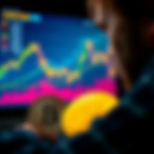 A person looking at a graph of Bitcoin prices showing a dip, with Bitcoin coins in the foreground