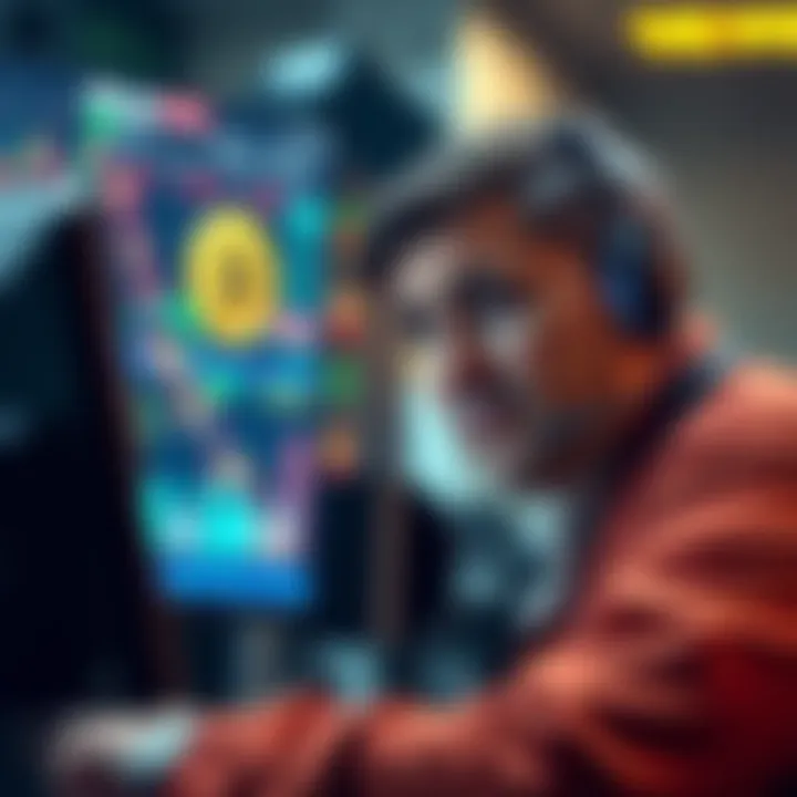 A trader looking at a graph showing Bitcoin's price dropping 50% with worried expression