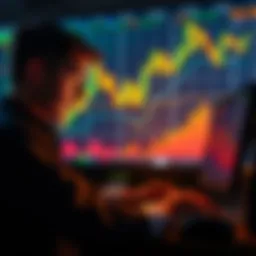 A trader analyzing a MACD chart with Bitcoin graphics in the background