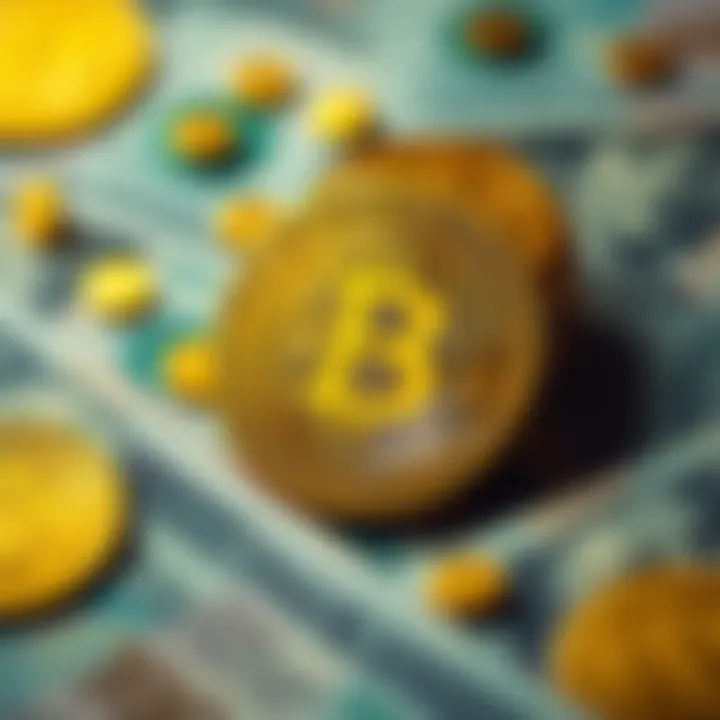 A visual representation of Bitcoin symbols surrounded by traditional currency notes, showcasing their contrasting values.