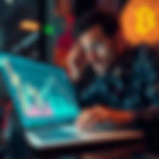 A graphic showing a downward trend in Bitcoin's value with a worried investor looking at financial charts on a laptop.