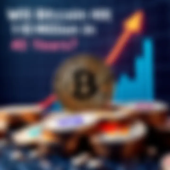 A graphic showing Bitcoin coins with a rising chart in the background, symbolizing future value growth.