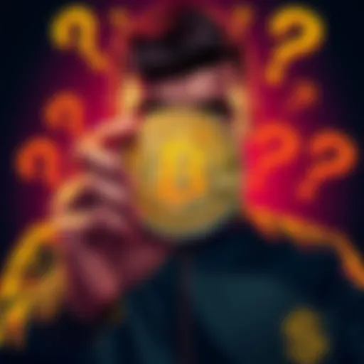 A person holding a Bitcoin with a puzzled expression, surrounded by question marks and dollar signs, representing confusion about cryptocurrency value.