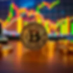 A close-up of a Bitcoin coin on a wooden desk, with financial graphs in the background showing market trends.