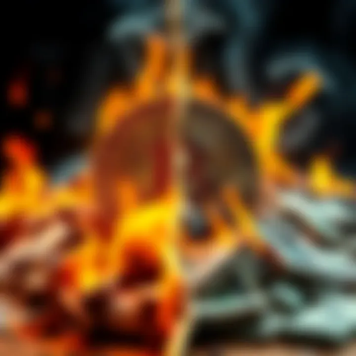 A split image showing Bitcoin on one side and a pile of burning cash on the other, illustrating the failure of the current monetary system.