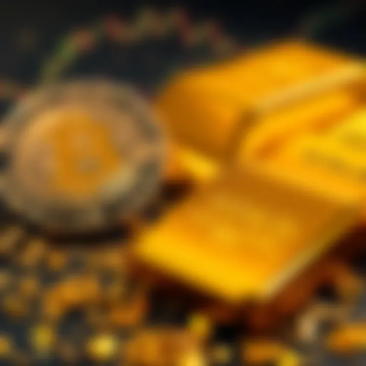 A visual comparison of Bitcoin and gold, highlighting their market values and contrasting trends, with Bitcoin symbol and gold bars in the background.
