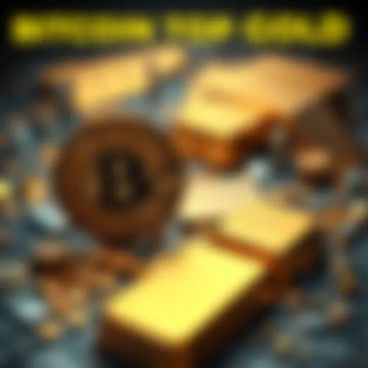 Bitcoin symbol and gold bars representing their correlation with global money supply