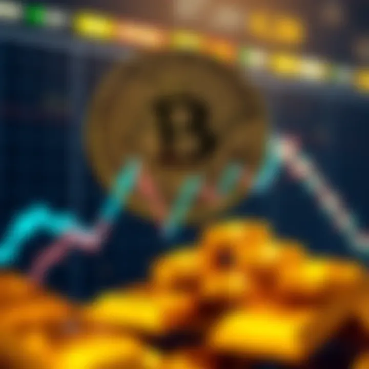 Bitcoin and gold comparison A graph showing Bitcoin prices declining alongside a rising gold trend, symbolizing the contrast between crypto and traditional assets.
