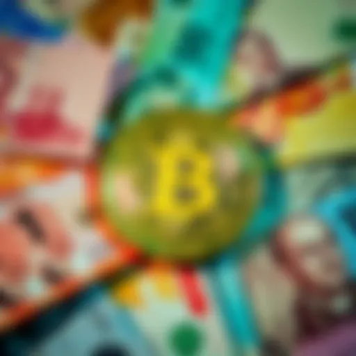 A Bitcoin symbol surrounded by various government-backed currency notes, illustrating the contrast between cryptocurrency and traditional money.