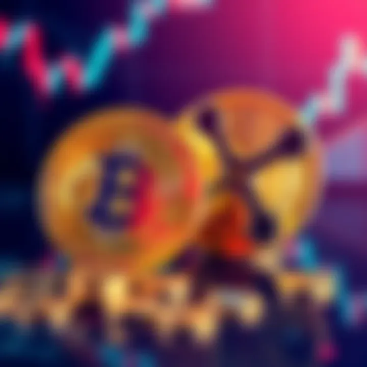 A visual representation comparing Bitcoin's declining trend with XRP's potential rise, featuring symbols of both currencies against a financial graph background.