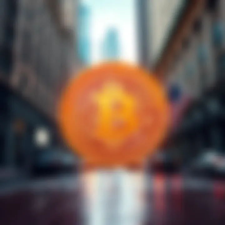 Bitcoin symbol with Wall Street background Bitcoin symbol in front of Wall Street buildings, showcasing its rise in the financial sector