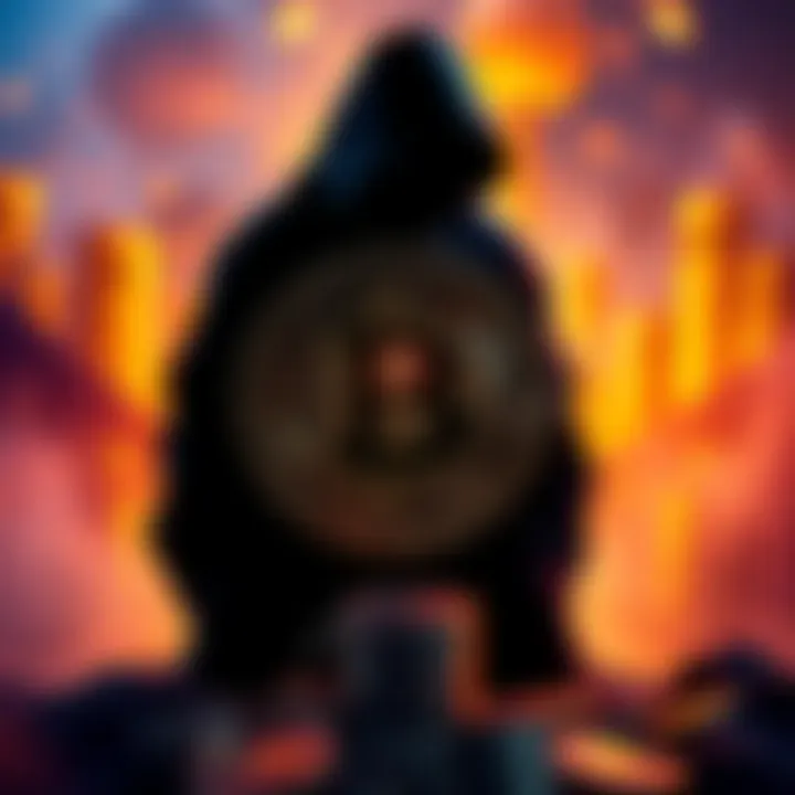 Bitcoin Wealth and Anonymity A visual representation of Bitcoin with a shadowy figure representing Satoshi Nakamoto, highlighting the unseen wealth and its impact on the economy.