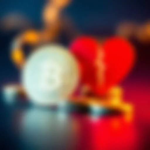 Bitcoin coins and a broken heart A stack of bitcoin coins beside a broken heart symbol, representing the choice between wealth and relationships.