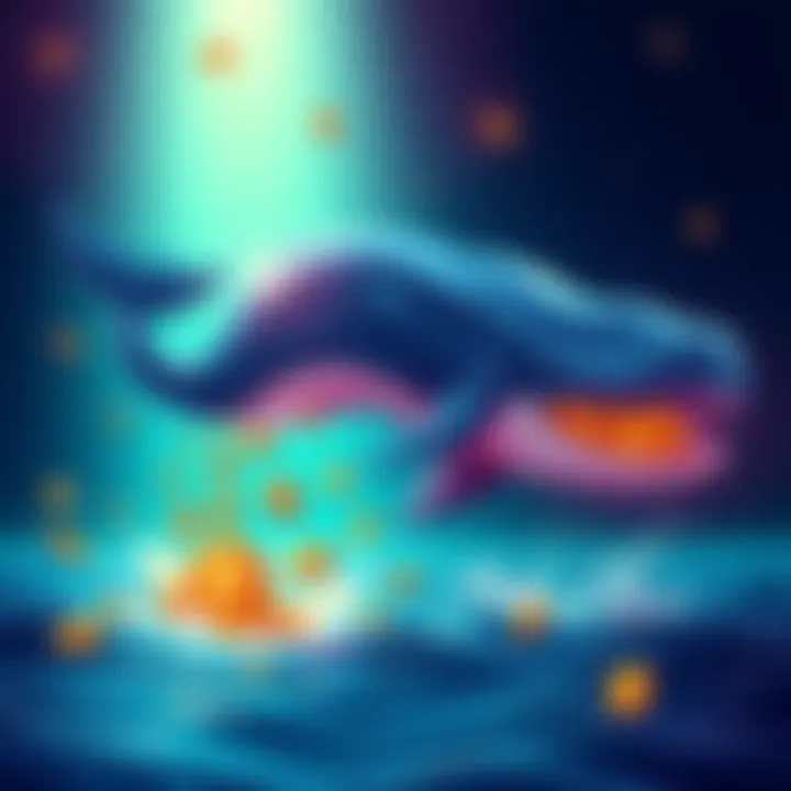 A digital illustration of a large whale symbolically sending Bitcoin to a dead wallet, representing a significant financial transaction in cryptocurrency
