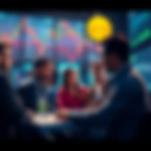 A diverse group of Bitcoin enthusiasts engaged in discussions about cryptocurrency trends and challenges, surrounded by digital screens displaying market data and graphs.