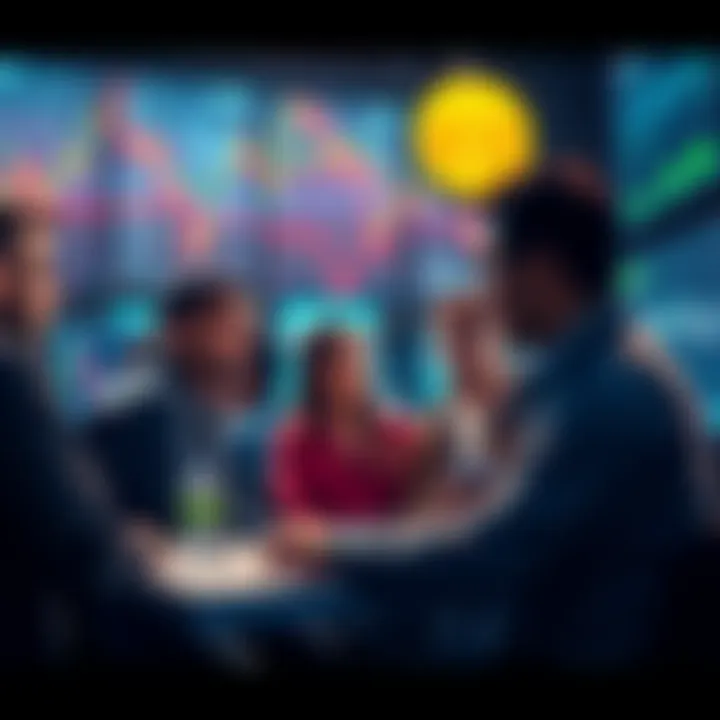 A diverse group of Bitcoin enthusiasts engaged in discussions about cryptocurrency trends and challenges, surrounded by digital screens displaying market data and graphs.