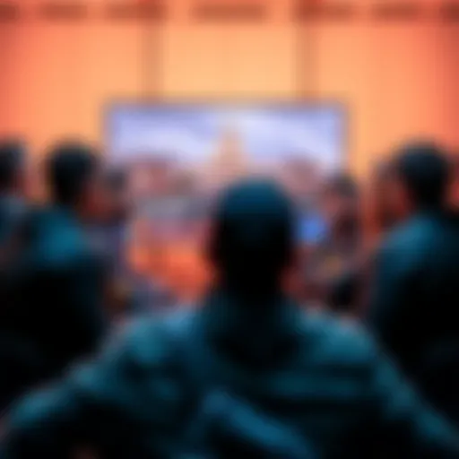 A group of Bitcoin enthusiasts discussing cryptocurrency strategies while a news report about the US government shutdown is displayed on a screen behind them