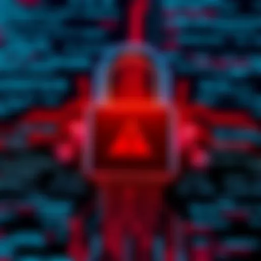 A digital lock symbol with a warning sign, representing the vulnerability in BitLocker encryption. The background shows code snippets to indicate cyber security issues.