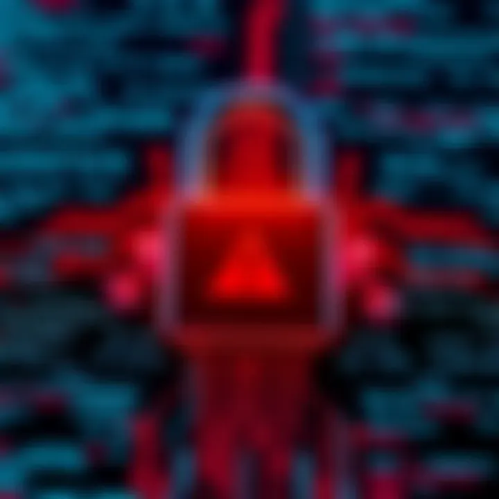 BitLocker Bypass Vulnerability A digital lock symbol with a warning sign, representing the vulnerability in BitLocker encryption. The background shows code snippets to indicate cyber security issues.