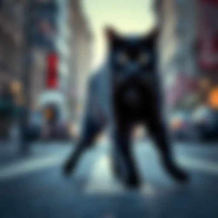 A black cat walks across a city street, symbolizing superstitions of Friday the 13th.