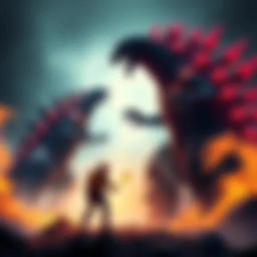 Blaze stands ready to battle the towering Godzilla in an epic face-off scene with flames around them.