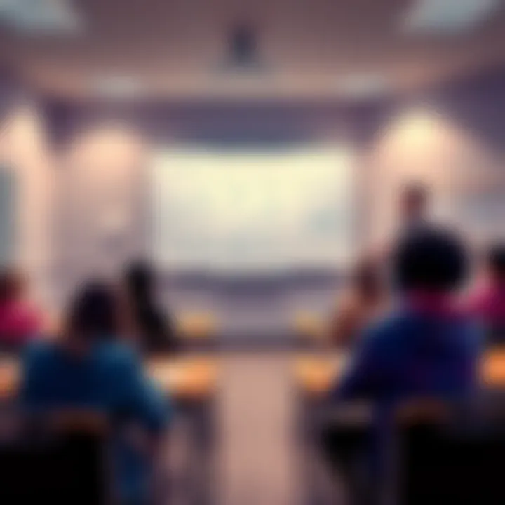 A classroom setting with students engaging in a blockchain technology lecture, featuring a whiteboard with blockchain diagrams and notes.