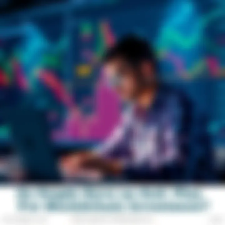 A person analyzing blockchain graphs on a laptop, pondering investment strategies, with charts showing market fluctuations in the background.