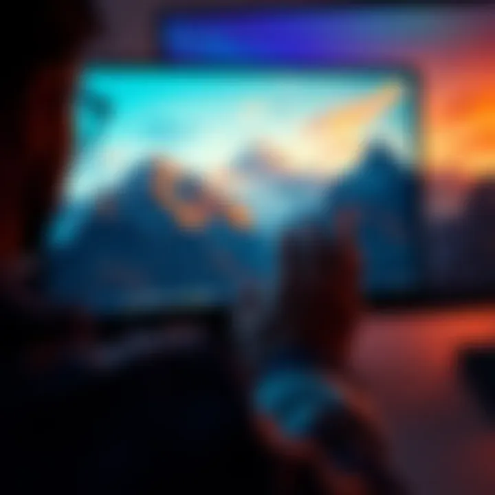 A person examining blockchain technology graphics on a computer screen with mountains in the background, symbolizing resilience and evolution.